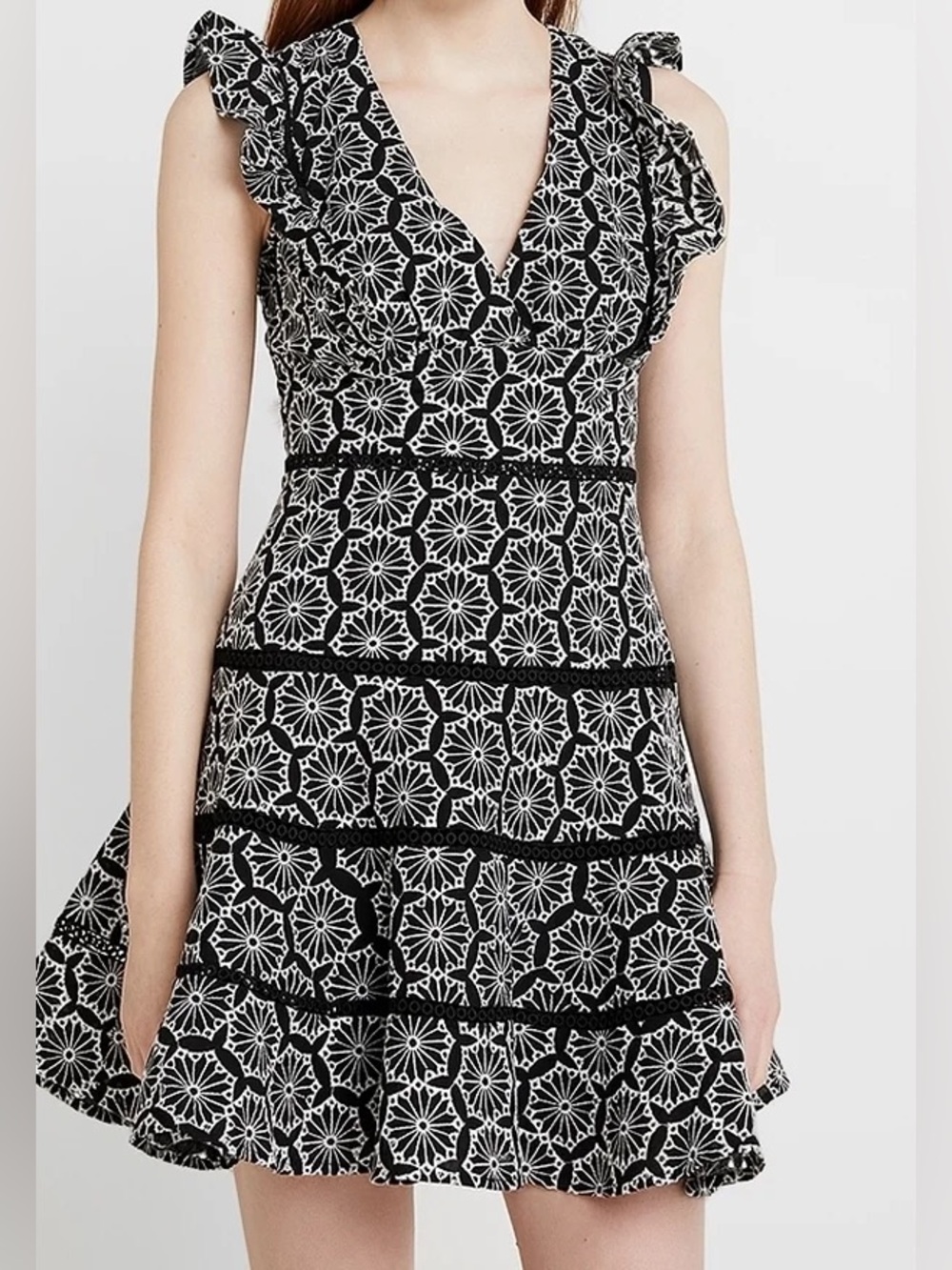 Bardot sierra frill dress black white eyelet mini dress ruffle trim